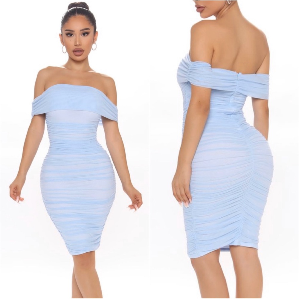 Blue Ruched Midi Dress
